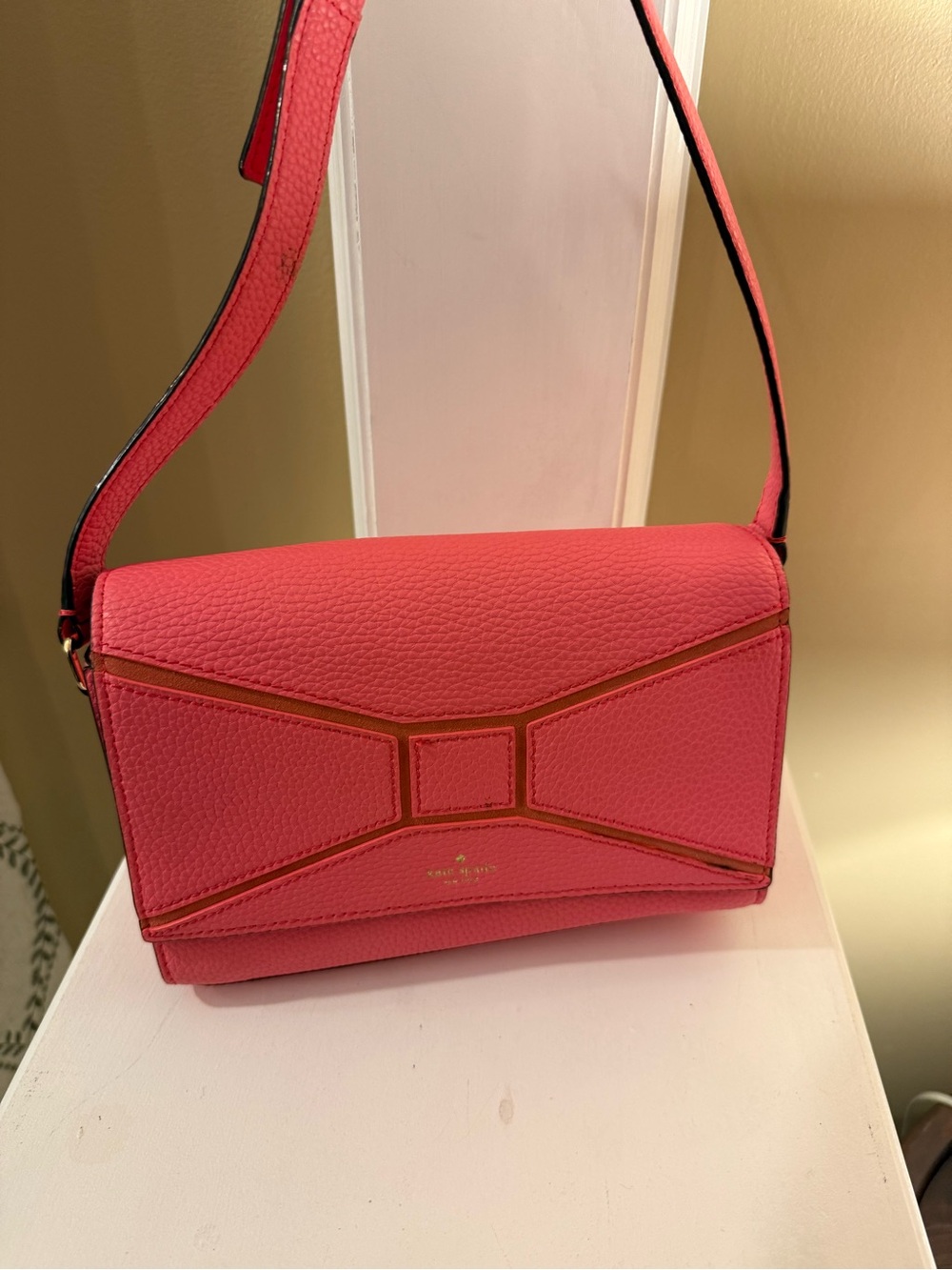 Kate Spade Bridge Place Betsi Coral Pink Leather Bow Crossbody Shoulder Bag